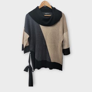 Jones New York 100% Merino Wool Cowl Neck Sweater Sz Large Color Block Tie Waist